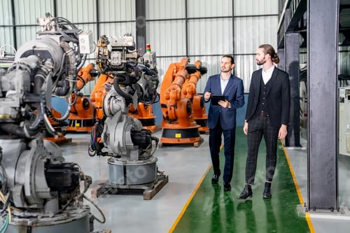 Preview: Businessman pointing toward machinery while walking by coworker at industry