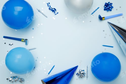 Preview: Birthday attributes colorful balloons, party hats, candles, and confetti