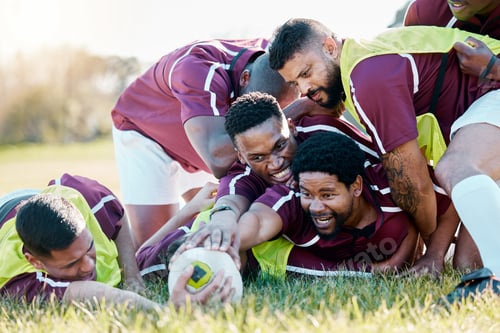 Preview: Team, sport and rugby by men in training, tackle and workout match at sports field outdoors. Divers