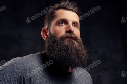 Preview: Portrait of a hipster with full beard and stylish haircut, dressed in a gray t-shirt in a studio