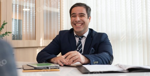 Preview: Smiling Business Professional at Desk in Office