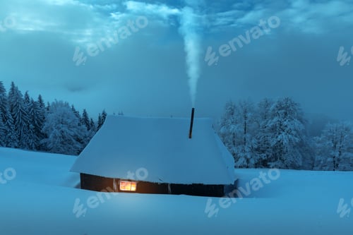 Preview: Fantastic landscape with snowy house