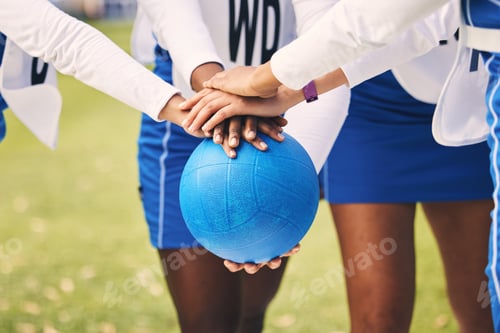 Preview: Sports, netball and team in a huddle with a ball for game strategy planning, motivation or pride. F