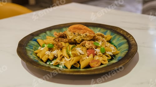 Preview: Italian penne pasta with fish and crab on top