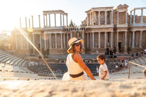 Preview: Roman Ruins of Merida, a mother with her baby visiting the Roman Theater. Extremadura, Spain