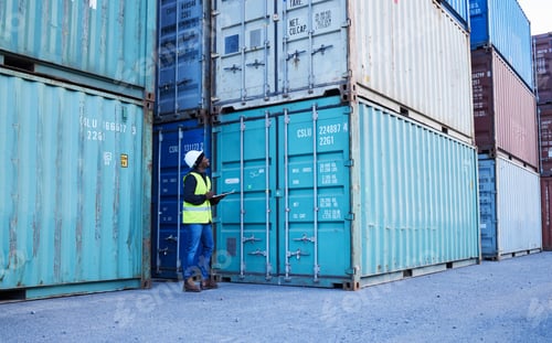 Preview: Shipping, stock and cargo management with manager writing checklist at warehouse. Supply chain, con