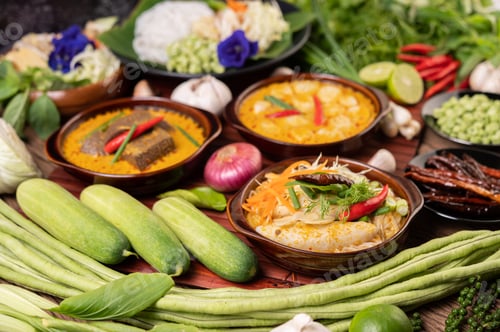 Preview: Rice noodles, red curry with meatballs, with dried chilies, basil, cucumber and long beans