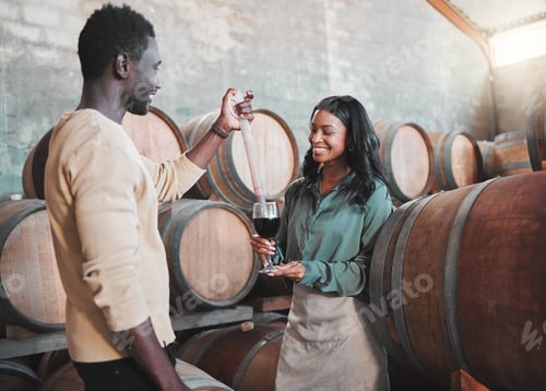 Preview: Wine tasting, couple and distillery farm worker serving red alcohol drink in glass with pipette in