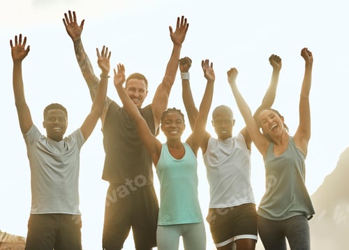 Preview: We just did it. Shot of a group of friends cheering after a workout.