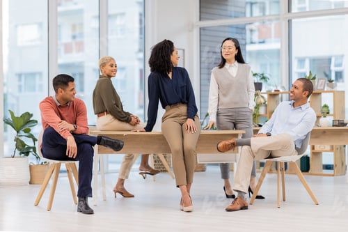 Preview: Conversation, relax or happy business people in meeting in startup or group project in a digital ma