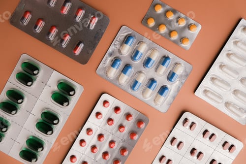 Preview: A collection of various blister packs of pills on a solid background for healthcare.