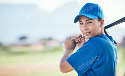 Preview: Baseball, bat and portrait of a woman outdoor on a pitch for sports, performance and competition. P