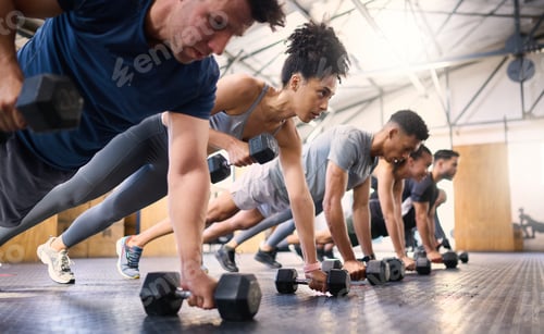 Preview: Strong, fitness and gym people with dumbbell teamwork training or exercise community, accountabilit
