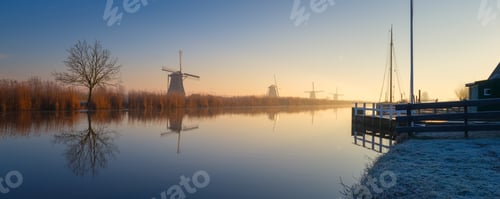Preview: Windmills in the Netherlands during sunrise. Foggy morning and sunshine. Dutch canals.