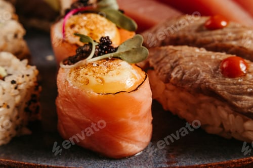 Preview: Colorful plate featuring a variety of sushi rolls, carrots, and cooked meat