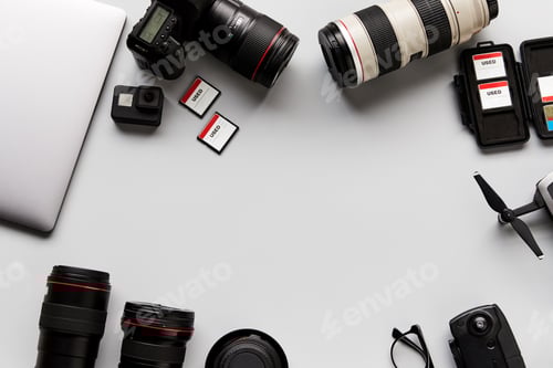 Preview: Flat Lay Shot Of Techno Items For Traveller With Smartwatch Mobile Phone And Wireless Headphones