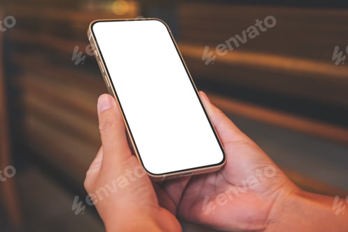 Preview: Mockup image of a woman holding mobile phone with blank desktop screen in cafe