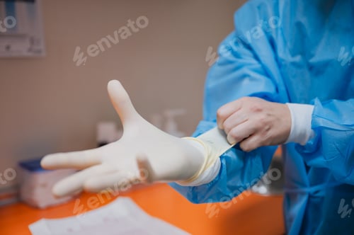 Preview: Veterinarian putting on sterile glove for surgery