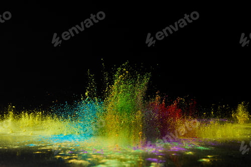Preview: colorful holi powder explosion on black, Hindu spring festival
