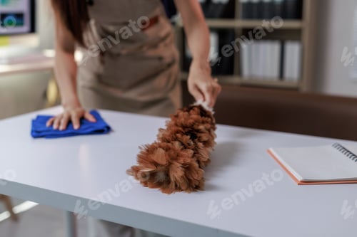Preview: Woman dusting office desk for clean workspace maintenance