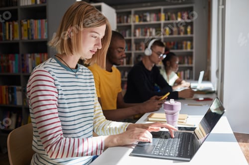 Preview: Young Woman using Laptop in Library