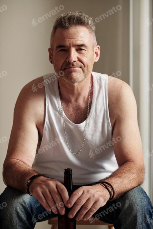 Contemplative Man With Bottle Sitting Indoors