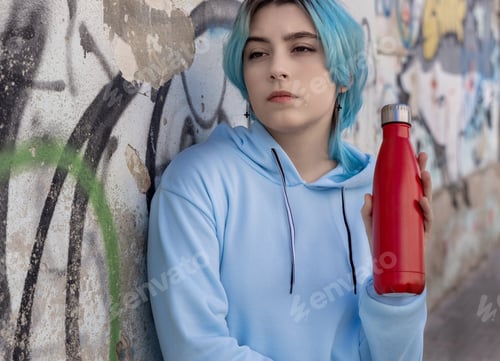 Preview: Blue haired Teenage girl in blue hoodie staying near graffiti wall with red water bottle