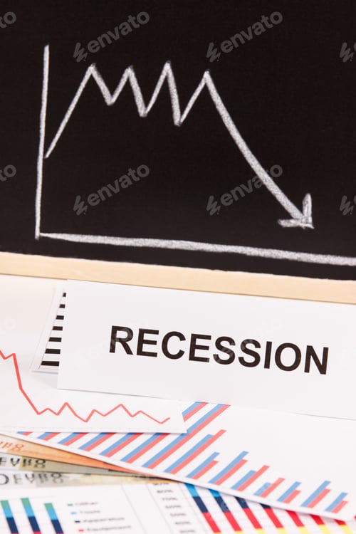 Preview: Inscription recession, currencies euro and downward graphs representing financial crisis