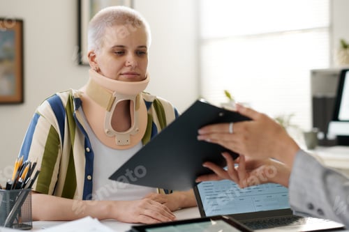 Preview: Woman with injury signing contract with insurance agent