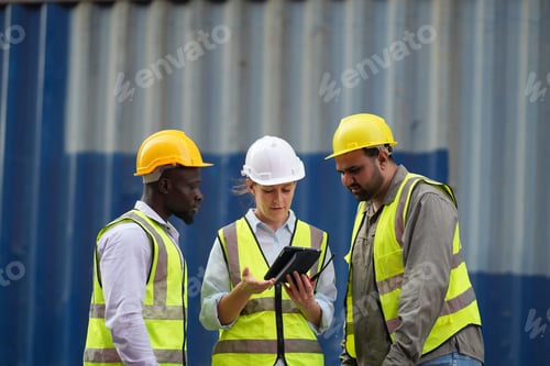 Preview: Foreman control loading Containers box from Cargo freight ship for import export.