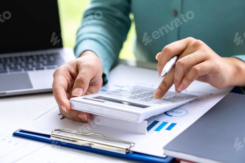 Preview: Financial inspector calculating numbers in office room, Woman accountant use calculator and computer