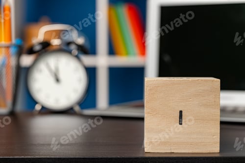 Preview: Blank wooden cubes with copy space for your design on office working table