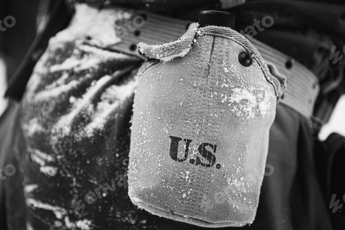 Preview: American Military Ammunition Of A US Soldier At World War II. Warm Autumn Clothes, Flask. Photo In