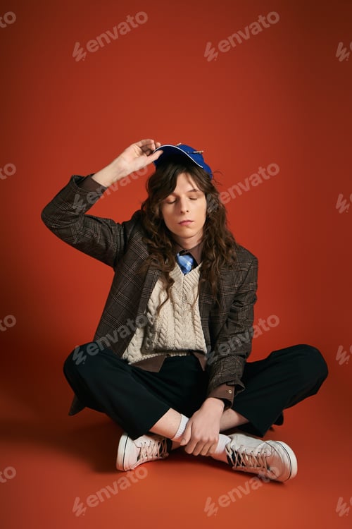 Preview: Young man showcases chic style in vibrant setting with trendy attire and relaxed pose
