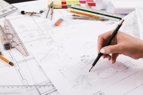 Preview: Architect drawing architectural project closeup