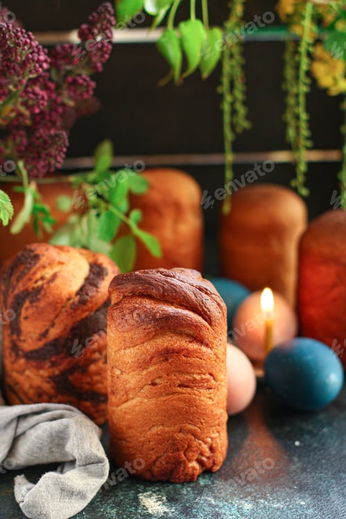 Preview: Easter Cake Kraffin Sak And Dried Fruits Colorful Easter Eggs Christian Feast Baking And Table