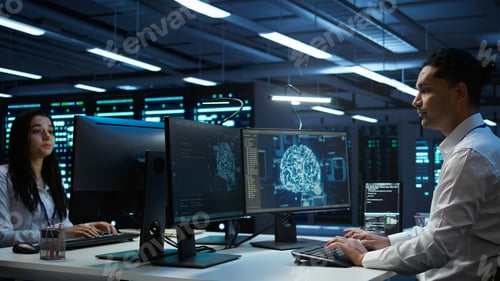 Preview: Computer scientist using AI tech on PC to do checkup in server room