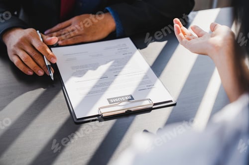 Preview: office job interview, applicant is explaining resume in resume, employer check resume of skilled can
