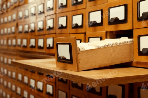 Preview: Closeup view of library card catalog drawers