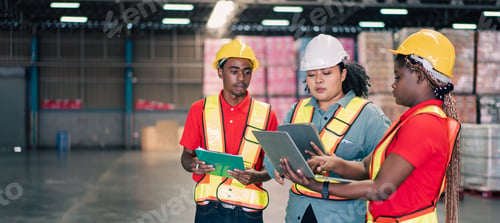 Preview: Group of African workers discussing work and checking stock at the warehouse
