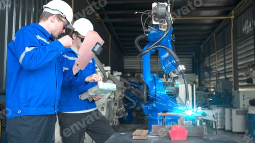 Preview: Industrial workers working with robotic arm welding machine in factory, Robotic arm welding industry