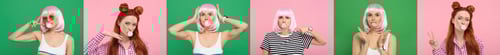 Preview: Women blowing bubble gums on color backgrounds, set of photos