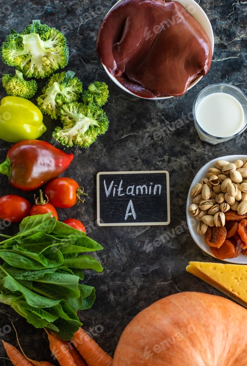 Preview: Products containing vitamin A. Selective focus.