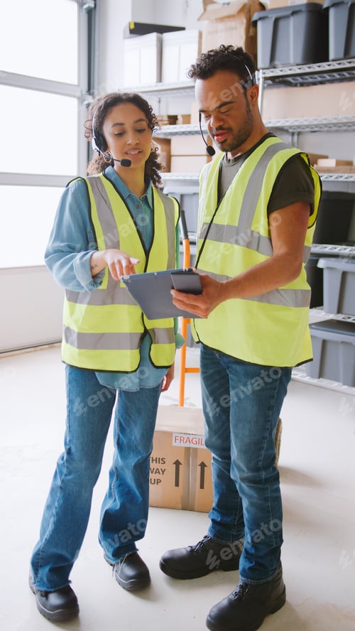 Preview: Man With Down Syndrome Using Digital Tablet With Female Colleague In Warehouse Wearing Headsets