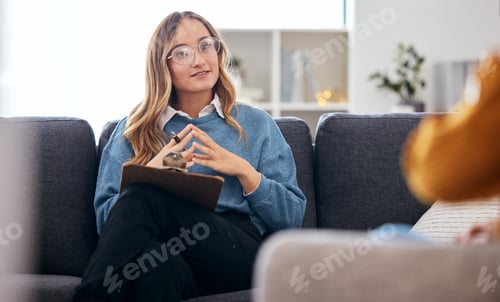 Preview: Counseling, therapy and woman therapist talking to client in a consultation or counseling conversat