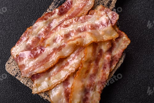 Preview: Fried smoked bacon slices, ham, jamon, or prosciutto strips for cooking. Fried bacon