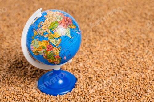 Preview: World globe on wheat grain. Concept of food shortage, grain supply crisis and global food scarcity