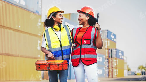 Preview: Woman Technician or maintenance worker hold mechanic tool box near old cargo container tank