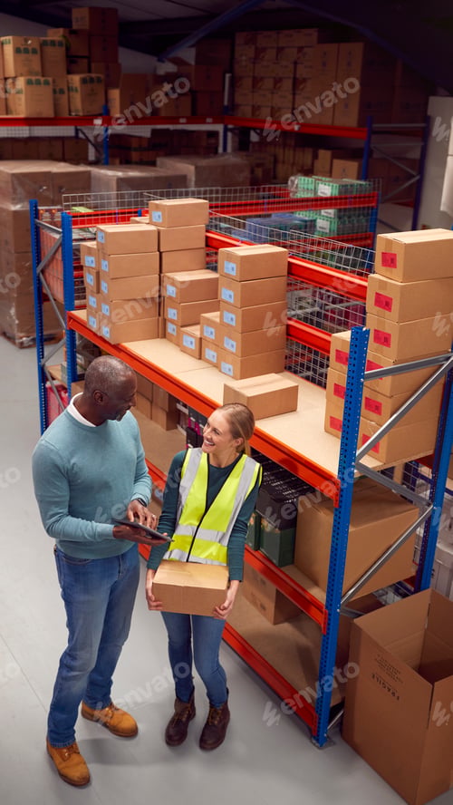 Preview: Male Team Leader With Digital Tablet In Warehouse Training Intern Standing By Shelves
