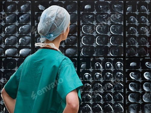 Preview: Healthcare professional analyzing a wall of MRI scans.